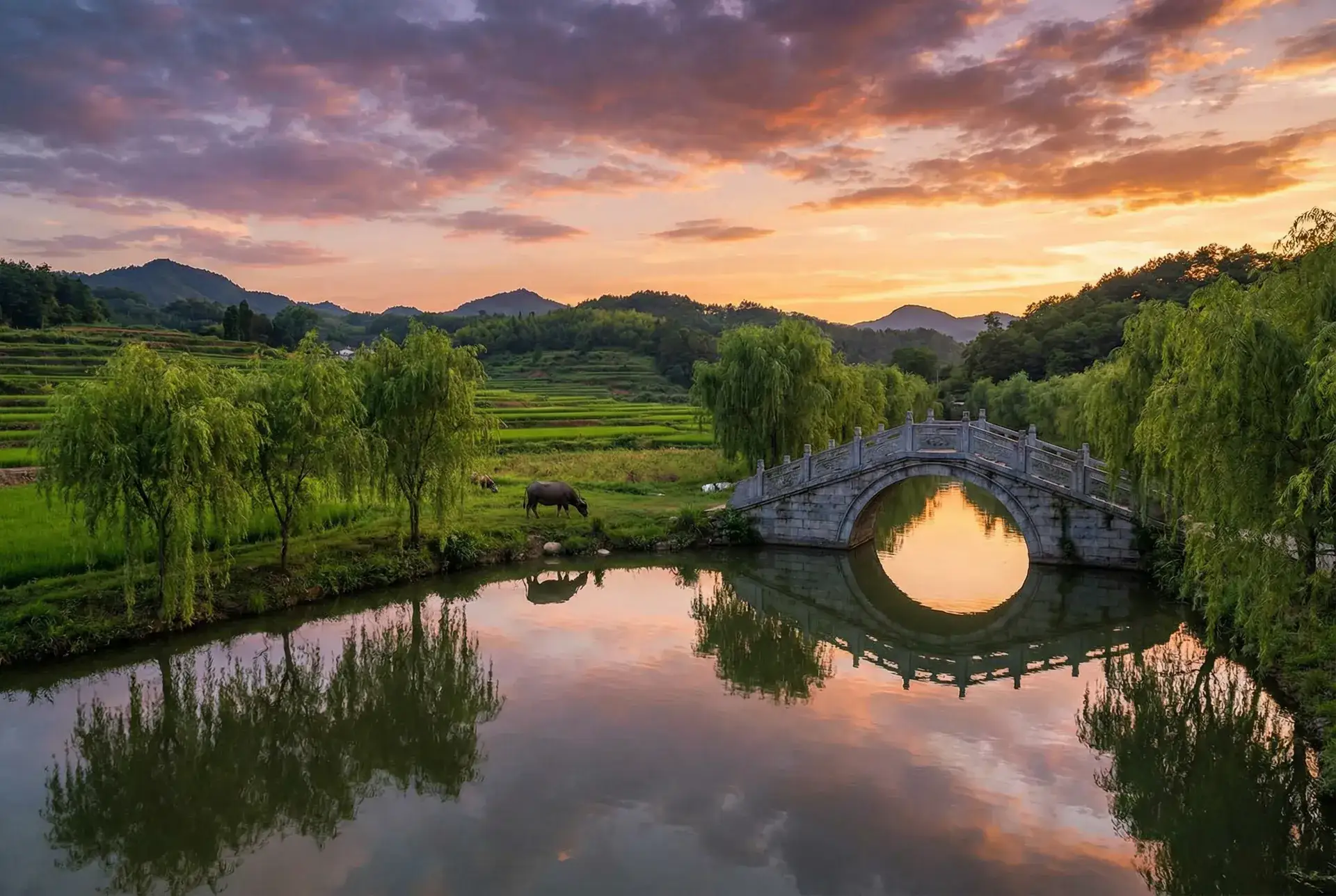 夕阳下的石拱桥与垂柳，水牛在河边吃草 - 善良的嫂子3字巴巴鱼汤饭蘑菇 乡村美景